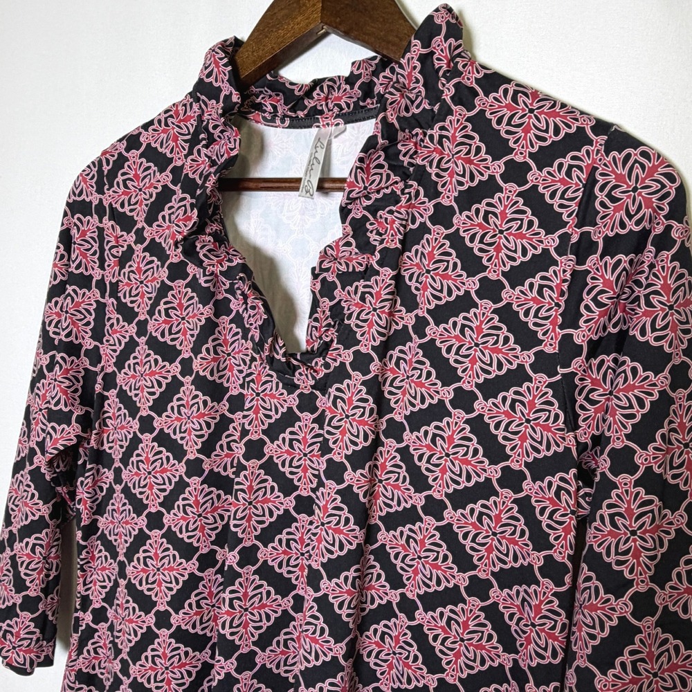 Lulu-B Geometric Medallion Ruffle Neck 3/4 Sleeve Shift Dress Black Red Large